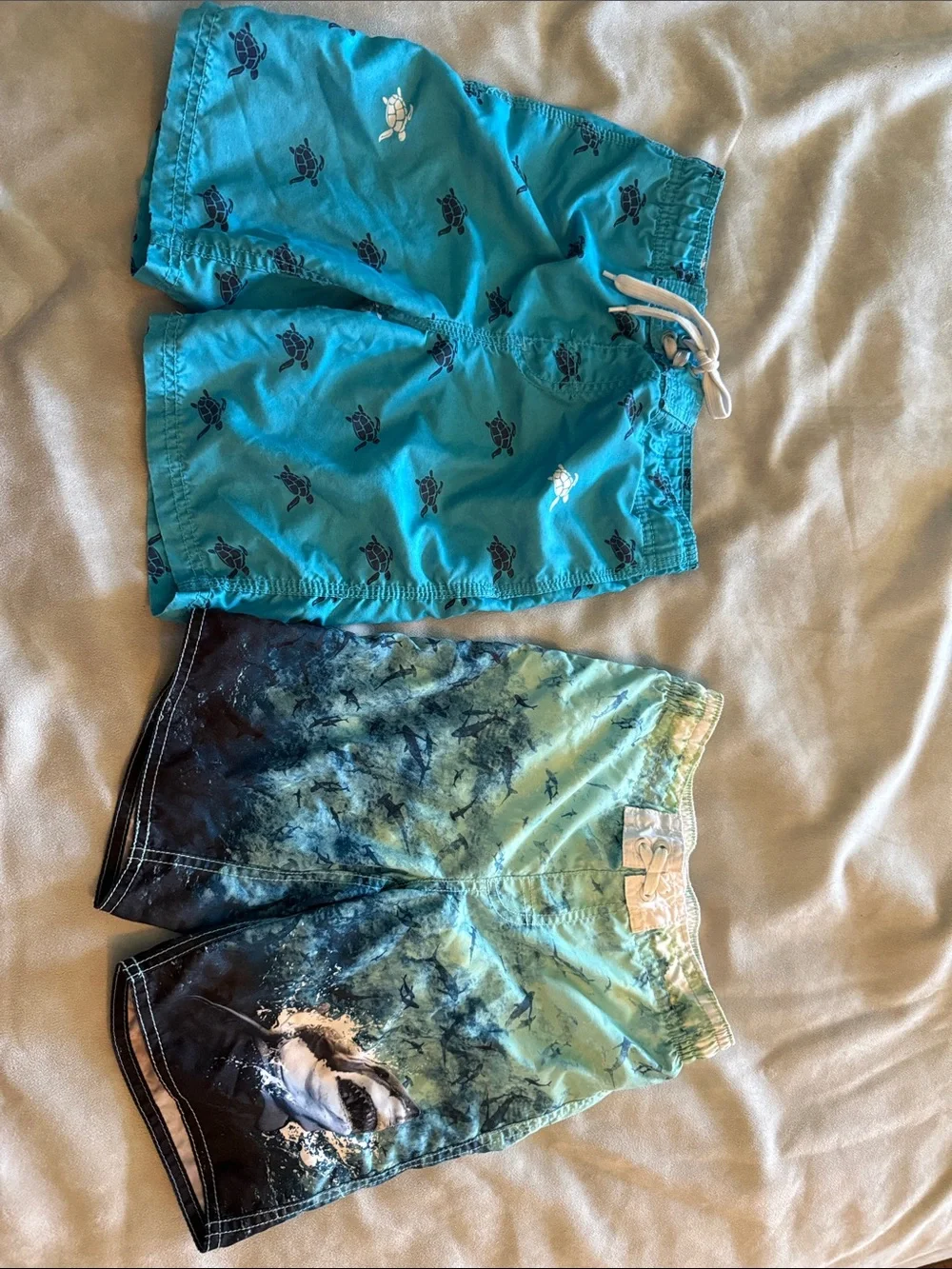 Old Navy Teal Turtle Swim Trunks & Aqua Shark Swim Shorts